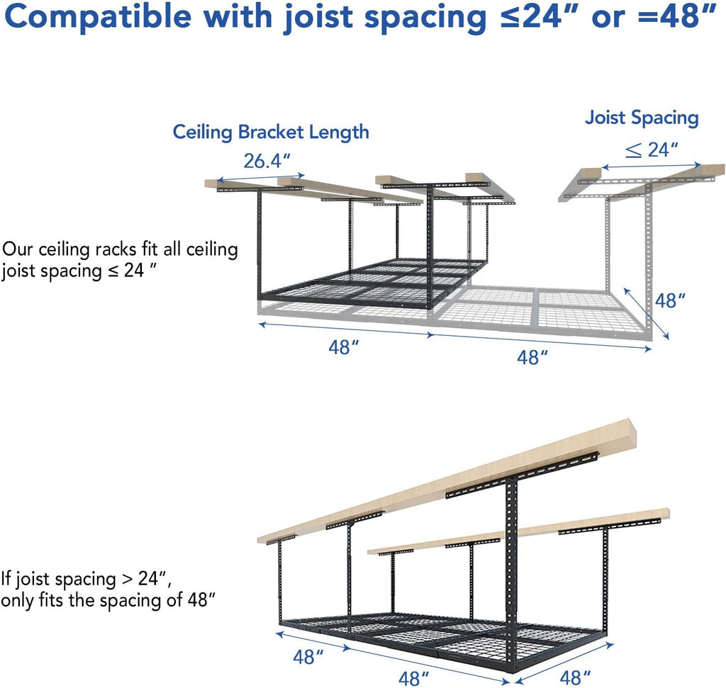 FLEXIMOUNTS 4x8 Overhead Garage Storage Rack w/Hooks Adjustable Ceiling Storage Rack, 96" Length x 48" Width x 40" Height, 22''-40" Ceiling Dropdown, Black, Classic Series