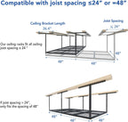 FLEXIMOUNTS 4x8 Overhead Garage Storage Rack w/Hooks Adjustable Ceiling Storage Rack, 96" Length x 48" Width x 40" Height, 22''-40" Ceiling Dropdown, Black, Classic Series