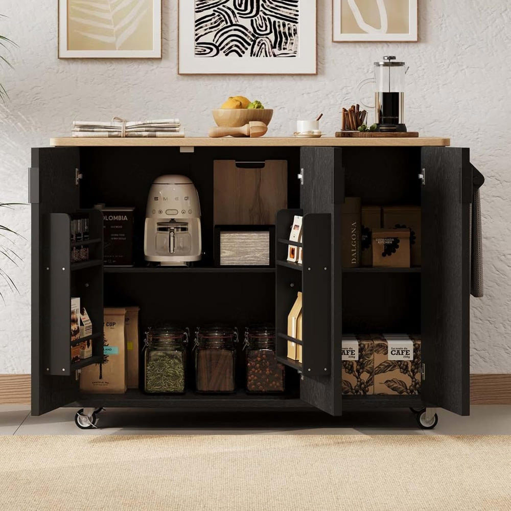 Kitchen Island with Drop Leaf with Drop Leaf Height-Adjustable Shelves, Rolli...