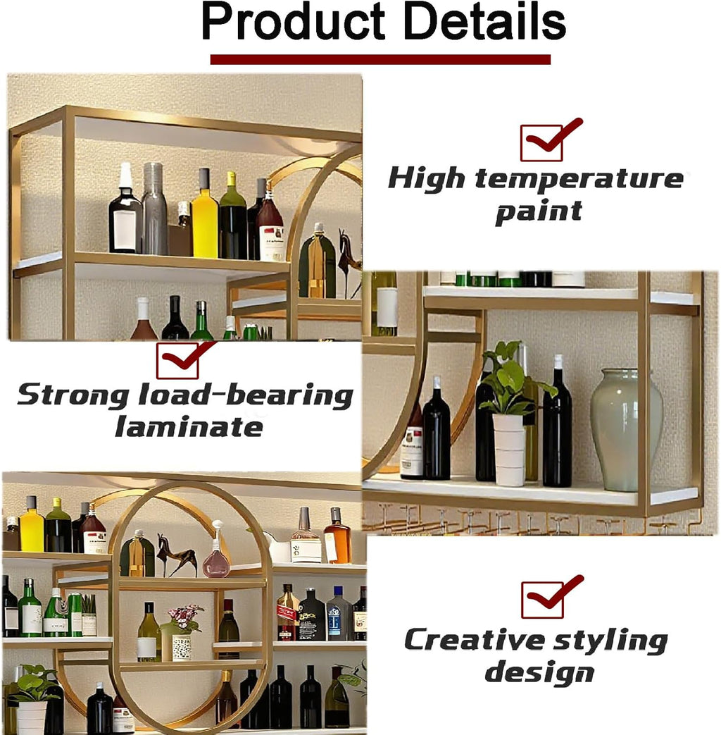 55.1IN Large Wall Mount Wine Rack, Metal 4 Tier Hanging Bottle Holder with Wine Glass Storage Racks, Modern Floating Wine Shelves for Home Bar Dining Room Decoration (Gold)
