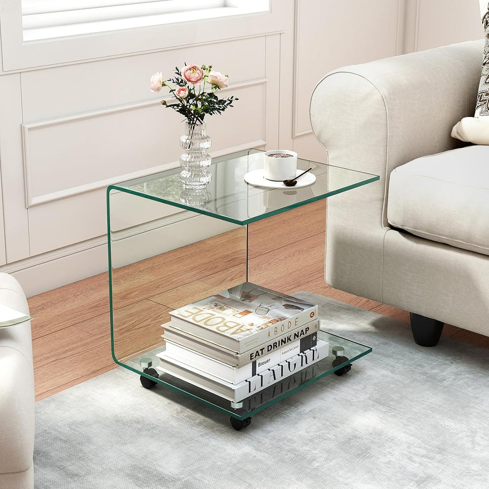 BECOMFORT Tempered Glass C-Shape End Table, Rolling Side Table with 4 Lockabl...