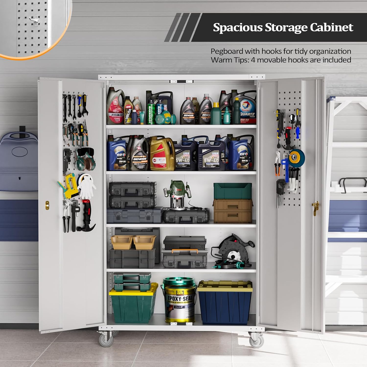 VINGLI Upgraded Wide & Deep Garage Storage Cabinet, Metal Storage Cabinet with Pegboards, Wheels, Locking Doors and Adjustable Shelves (Gray, 43''W x 20''D x 72''H)