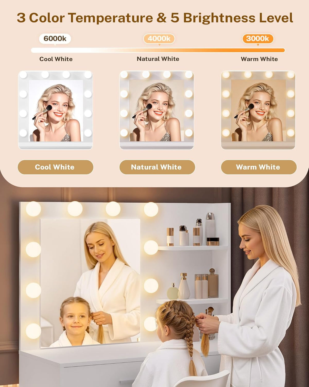 LIVELYGLOW 35.4" White Makeup Vanity Desk with 10 Hollywood Light Bulbs ...