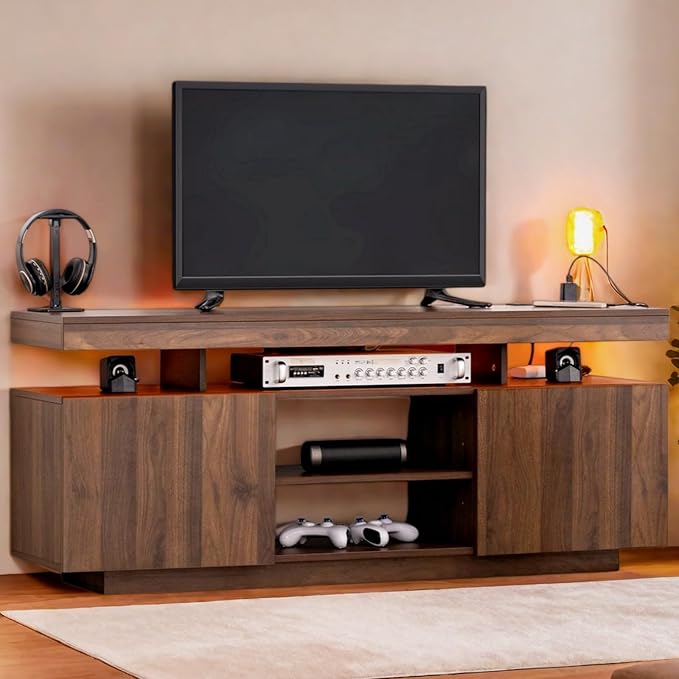 HOMMPA Modern LED TV Stand for 65/60/55 inch TV with Power Outlets, Gaming Console Storage Entertainment Center with LED Lights Game Cabinet for Living Room Walnut