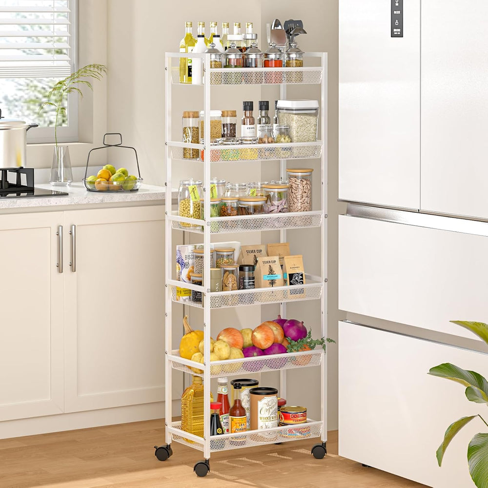 6 Tier Slim Rolling Storage Cart, Narrow Mobile Shelving Unit Organizer Utili...