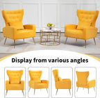 Button-Tufted Velvet Accent Chairs Set of 2, Mid Century Modern Living Room Chair with High Wingback, Upholstered Arm Chair with Metal Gold Legs for Bedroom, Club, Yellow