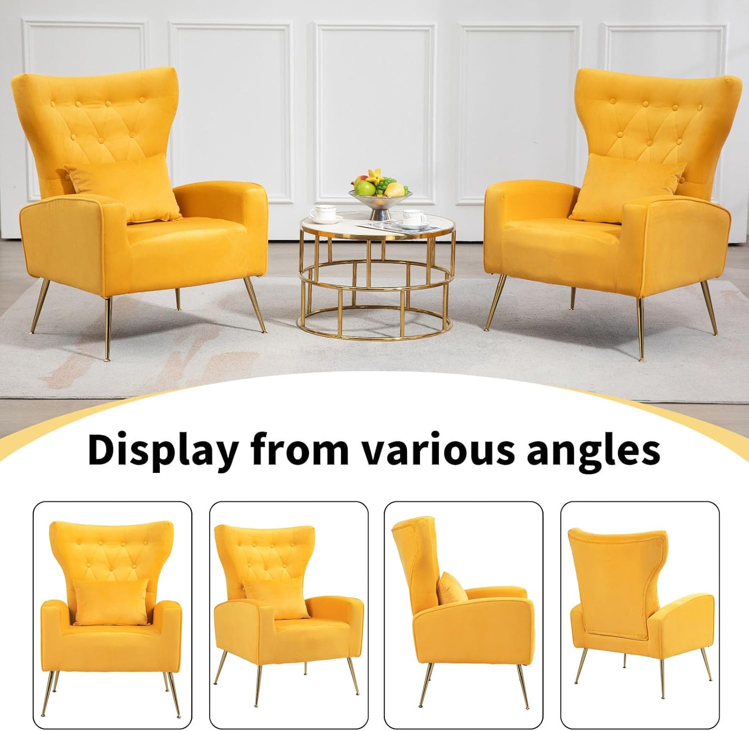 Button-Tufted Velvet Accent Chairs Set of 2, Mid Century Modern Living Room Chair with High Wingback, Upholstered Arm Chair with Metal Gold Legs for Bedroom, Club, Yellow
