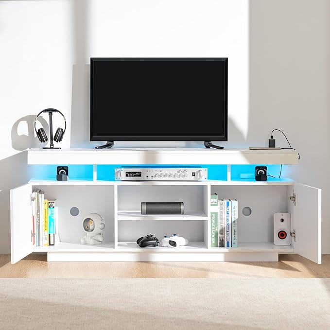 HOMMPA LED TV Stand for 65/60/55 inch TV Modern Entertainment Center with Power Outlets, Gaming TV Consoles with Storage Media Table with LED Lights Game Cabinet for Living Room White
