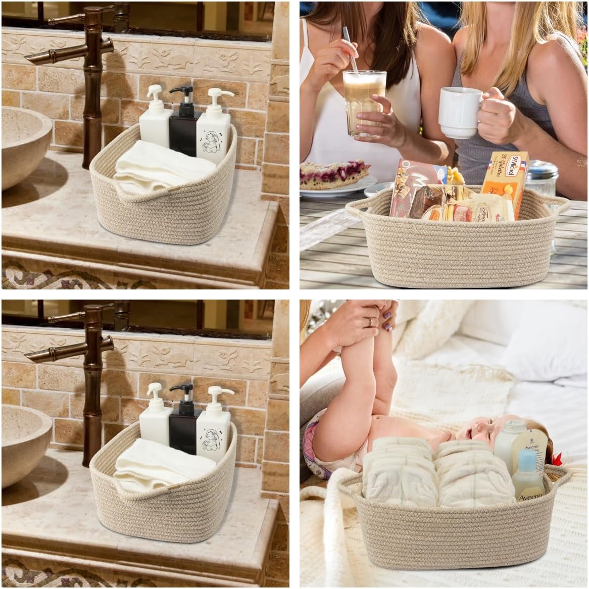 XUANGUO Medium Woven Cotton Rope Storage Basket with Handles, Oatmeal | Small decorative rectangle storage bin for baby nursery items and cat toys; ideal as an empty gift basket or dog toy basket