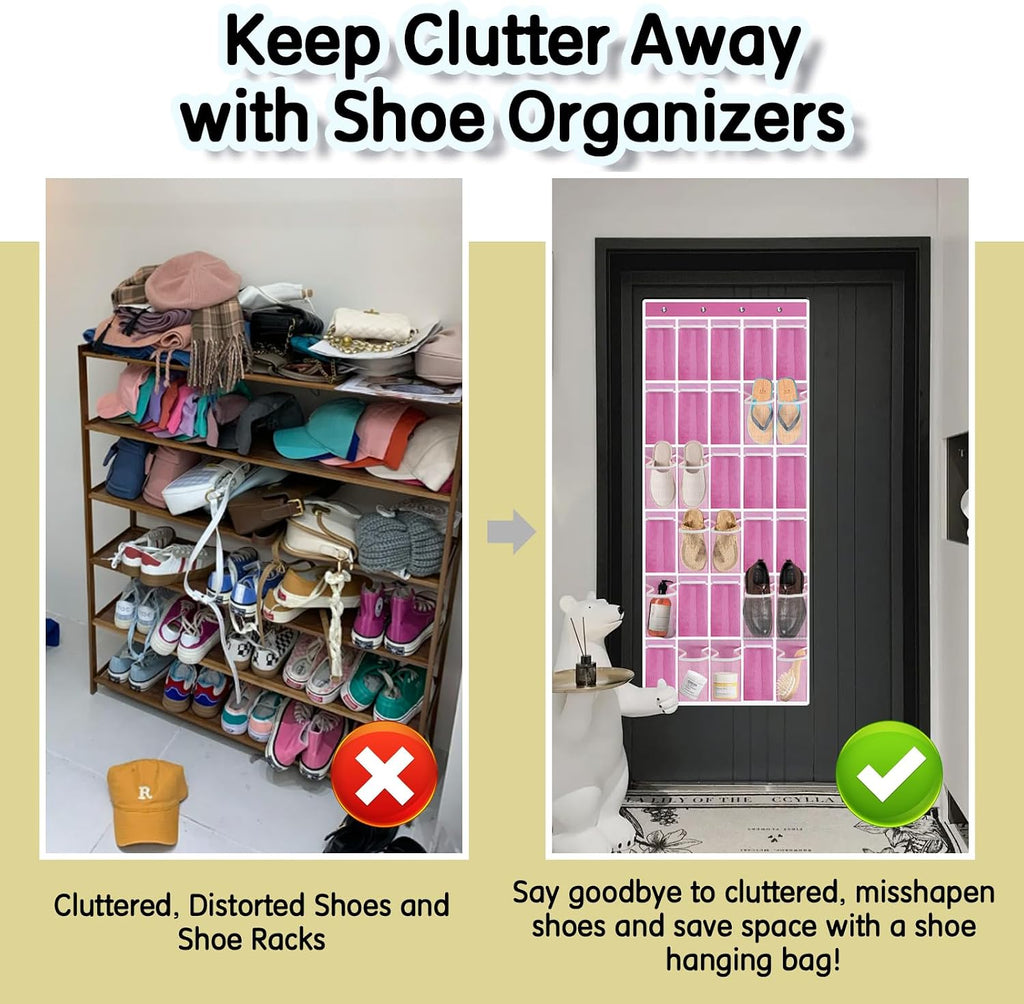 Kotkn Over the Door Shoe Organizer with 30 Breathable Mesh Pockets - Large Capacity Closet Storage for Men & Women, Hanging Shoe Rack Organizer (Pink)