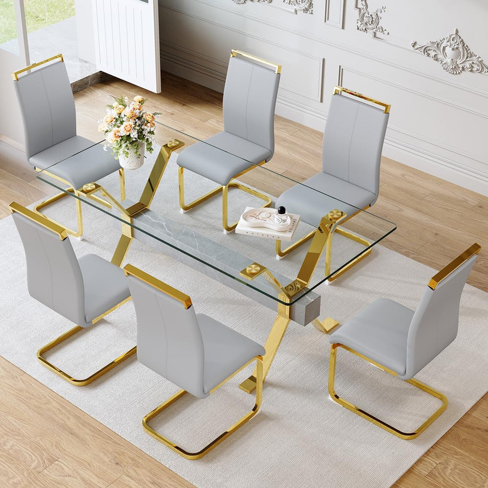 71" Glass Dining Table Set for 6｜Modern Dining Table Set for 6 with Faux...
