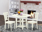 East West Furniture SUAV3-LWH-W 3 Piece Dining Room Table Set Contains a Round Kitchen Table with Dropleaf & Shelves and 2 Dining Chairs, 42x42 Inch, Linen White