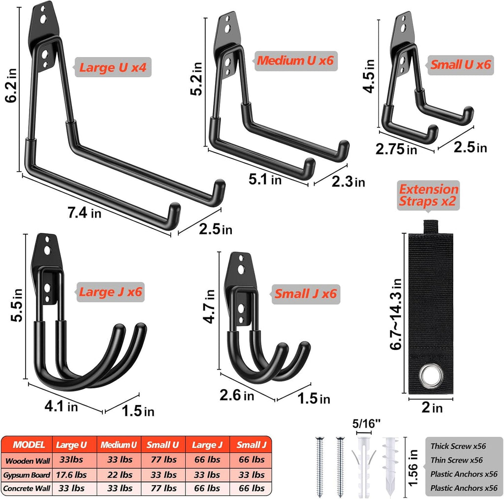 30 Pack Heavy Duty Garage Hooks,Solid Steel Wall Mount Hangers,with Anti-Slip Coating,for Hanging and Organising Ladder,Bike,Ropes,Broom,Garden,Yard and Power Tools