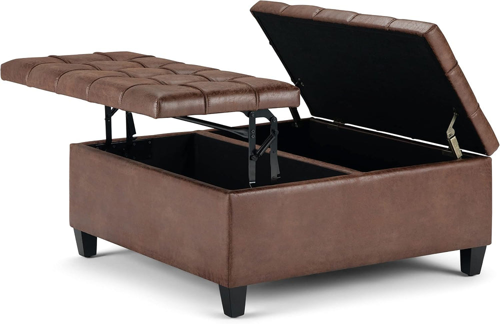 SIMPLIHOME Harrison 36" Wide Vegan Leather Lift Top Ottoman in Saddle Br...