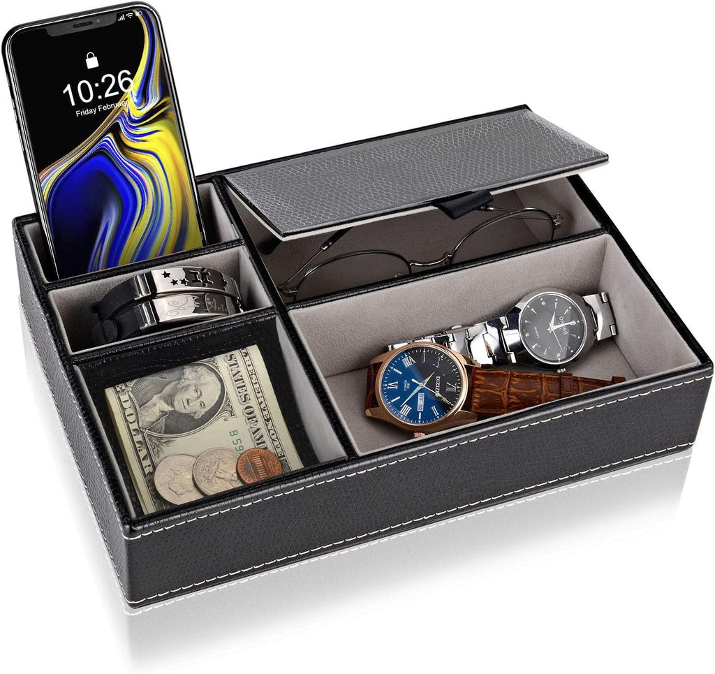 Baoyun Men's Valet Tray, Faux Leather Valet Box, EDC Catch All Tray, Dresser Top Nightstand Organizer with 5 Compartments for Smartphone, Keys, Wallet, Watch
