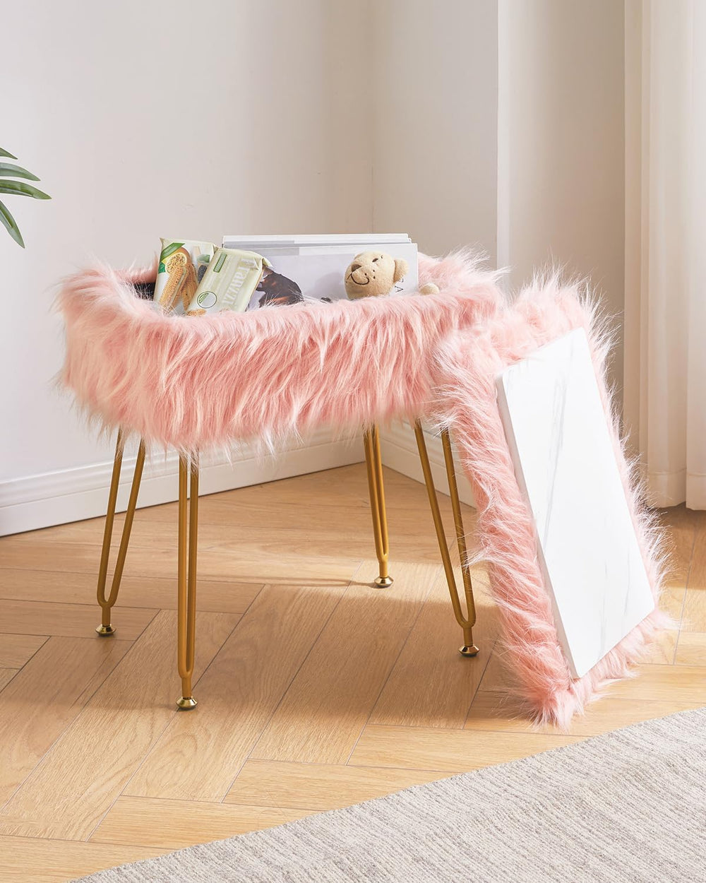 IBUYKE Rectangular Faux Fur Vanity Stool with Storage, Pink WBD022P | Furry M...