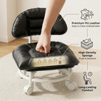 Low Rolling Stool with Backrest, Short Swivel Chair with Wheels (Black) | Thick PU leather seat, 360 silent casters, 165 lbs weight limit, ideal for nursery, pedicure salon, floor cleaning