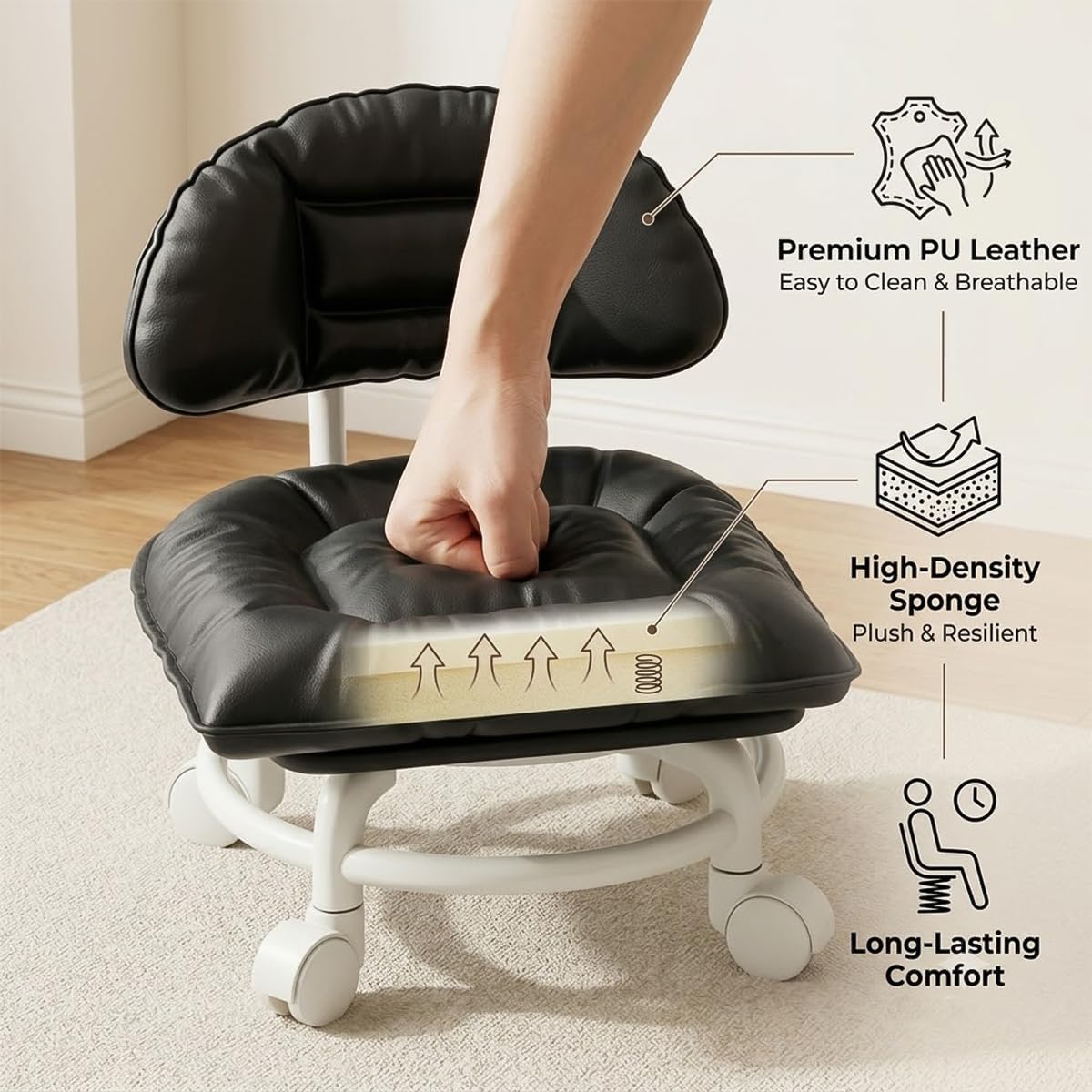 Low Rolling Stool with Backrest, Short Swivel Chair with Wheels (Black) | Thick PU leather seat, 360 silent casters, 165 lbs weight limit, ideal for nursery, pedicure salon, floor cleaning
