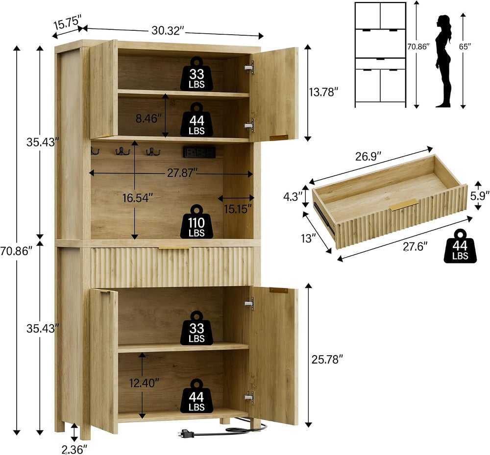Lulive 71" Fluted Pantry Cabinet with Charging Station, Natrual | Adjust...