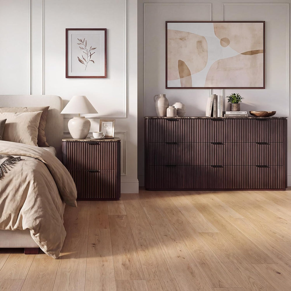 Curved Fluted Nightstand Set of 2, Faux Marble Top, Dark Oak