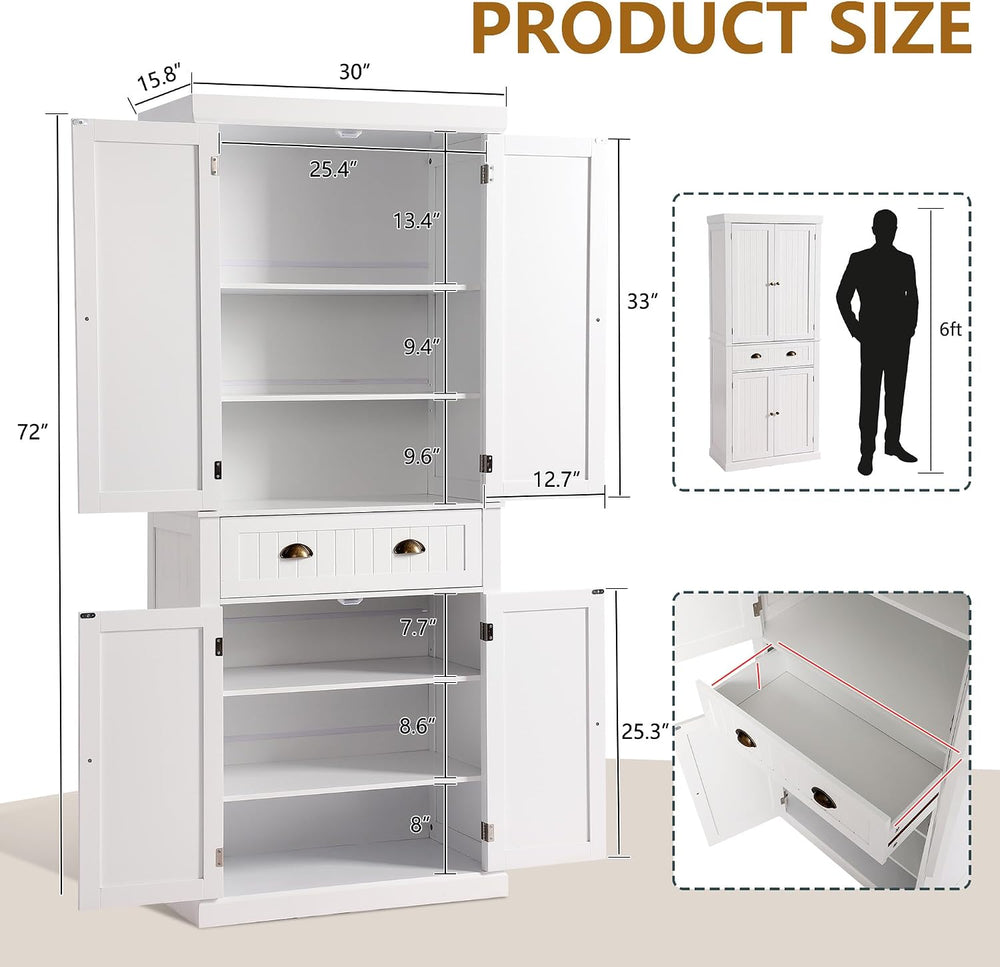 LOUVIXA 72" Kitchen Pantry Storage Cabinet, Freestanding Cupboard with 2...