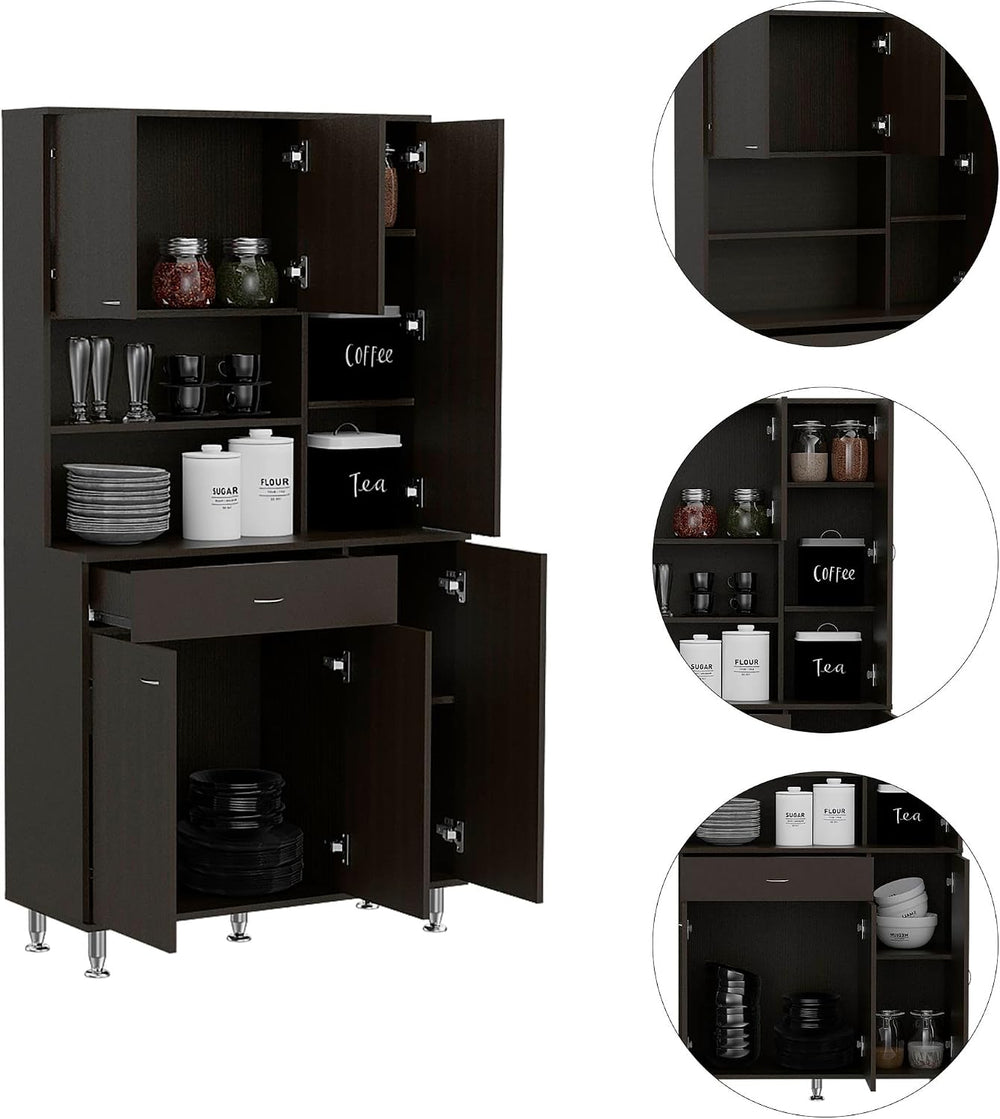 Kitchen Pantry Cabinet, Two Open Shelves, One Drawer, Multiple Cabinets, Black