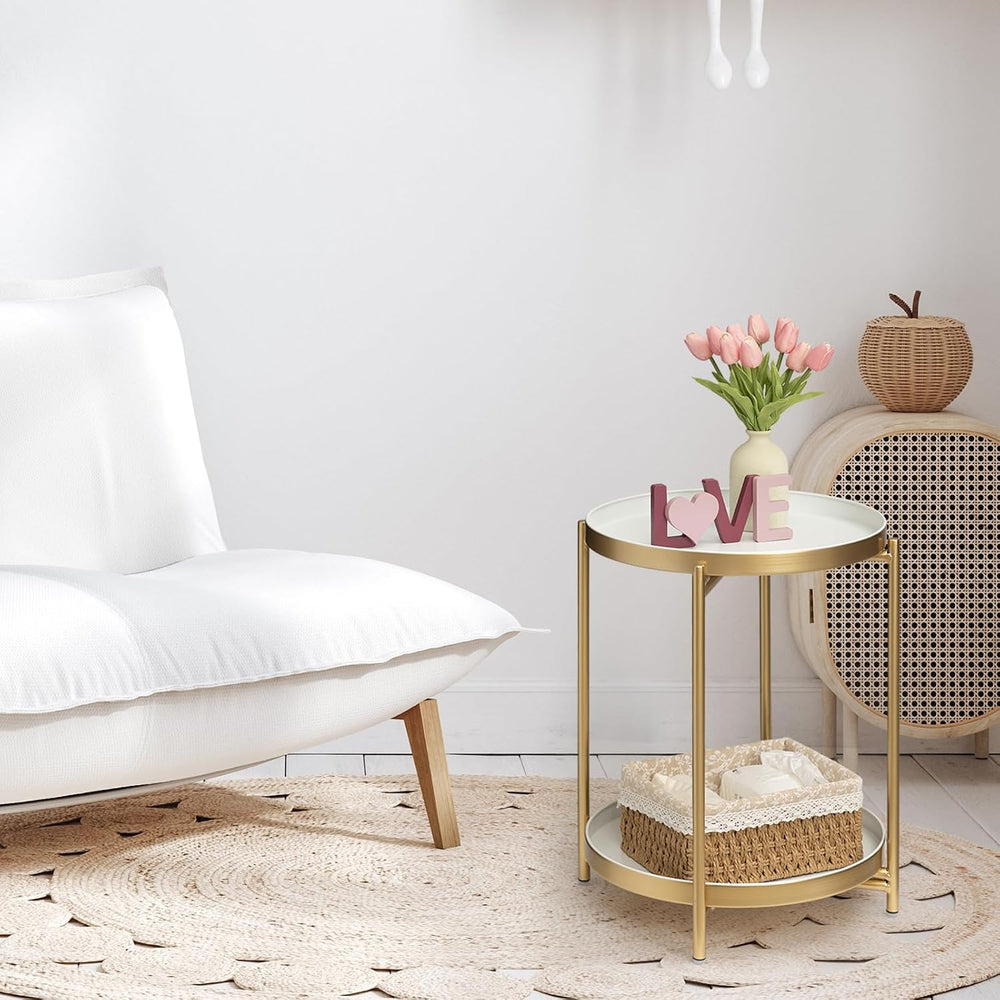TeoKJ 2 Tier Gold Side Table, Folding Round Metal End Table Small Nightstand ...