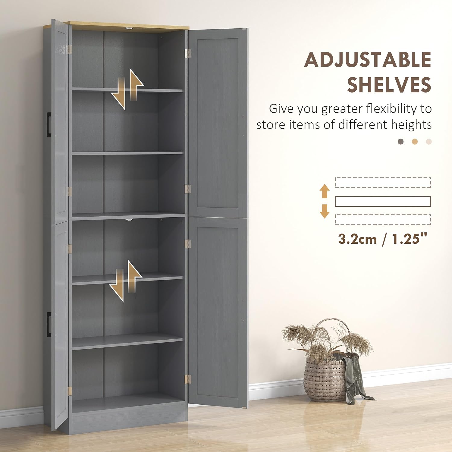 HOMCOM 67" Freestanding Kitchen Pantry 4-Door Cabinet Distressed Gray | Storage Organizer, Adjustable Shelves, Pantry Cabinet with Doors
