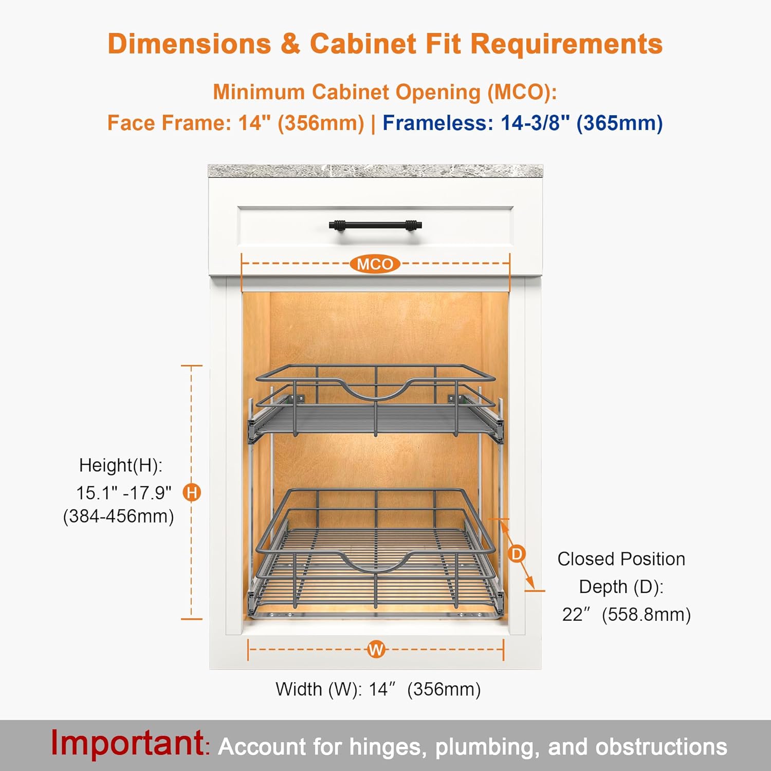 ALINE FURNITURE 2-Tier Pull Out Cabinet Organizer - 14" W x 22" D Soft Close Pullout Shelves with Shelf Liners - Slide Out Drawers for Kitchen Cabinets, Pantry, Bathroom, Heavy Duty Steel Wire Baskets