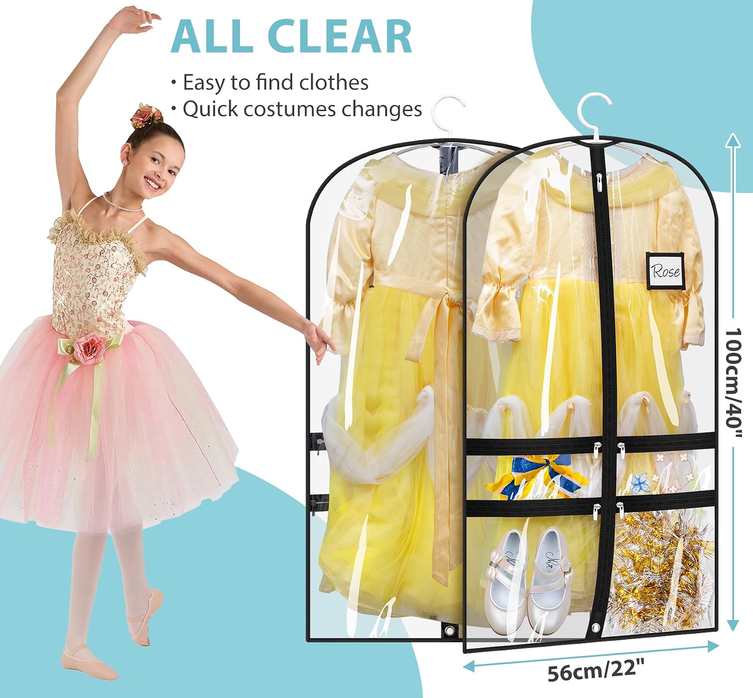 SLEEPING LAMB 6 Packs Clear Dance Garment Bags for Dancers with 4 Pockets, 40" Kids Dance Costume Garment Bag for Travel and Dance Competition, Hanging Clothes Storage for Dress, Uniform, Black
