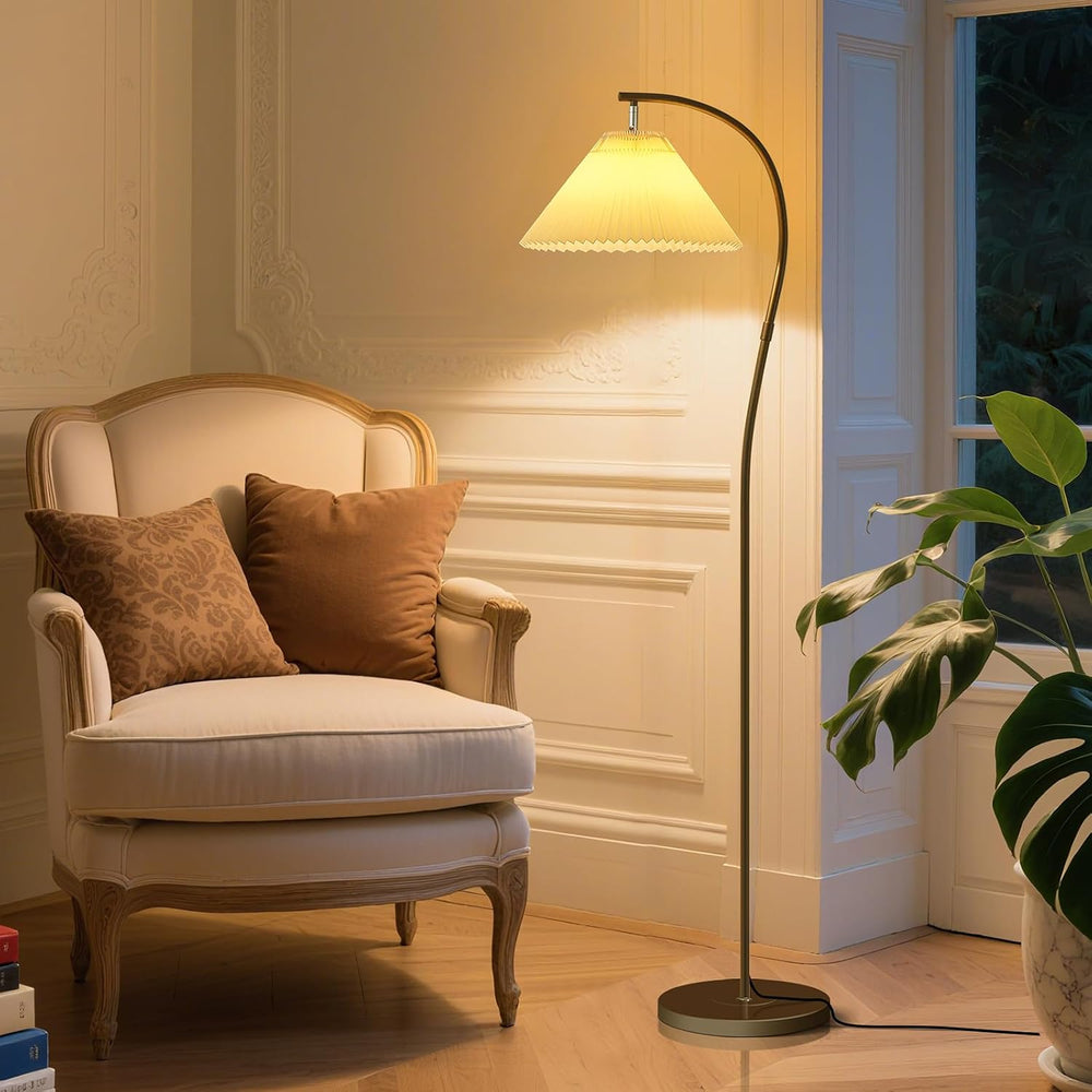 Unique Black Arched Pleated shade Floor Lamp, 12W LED Bulb 3-Color Dimming
