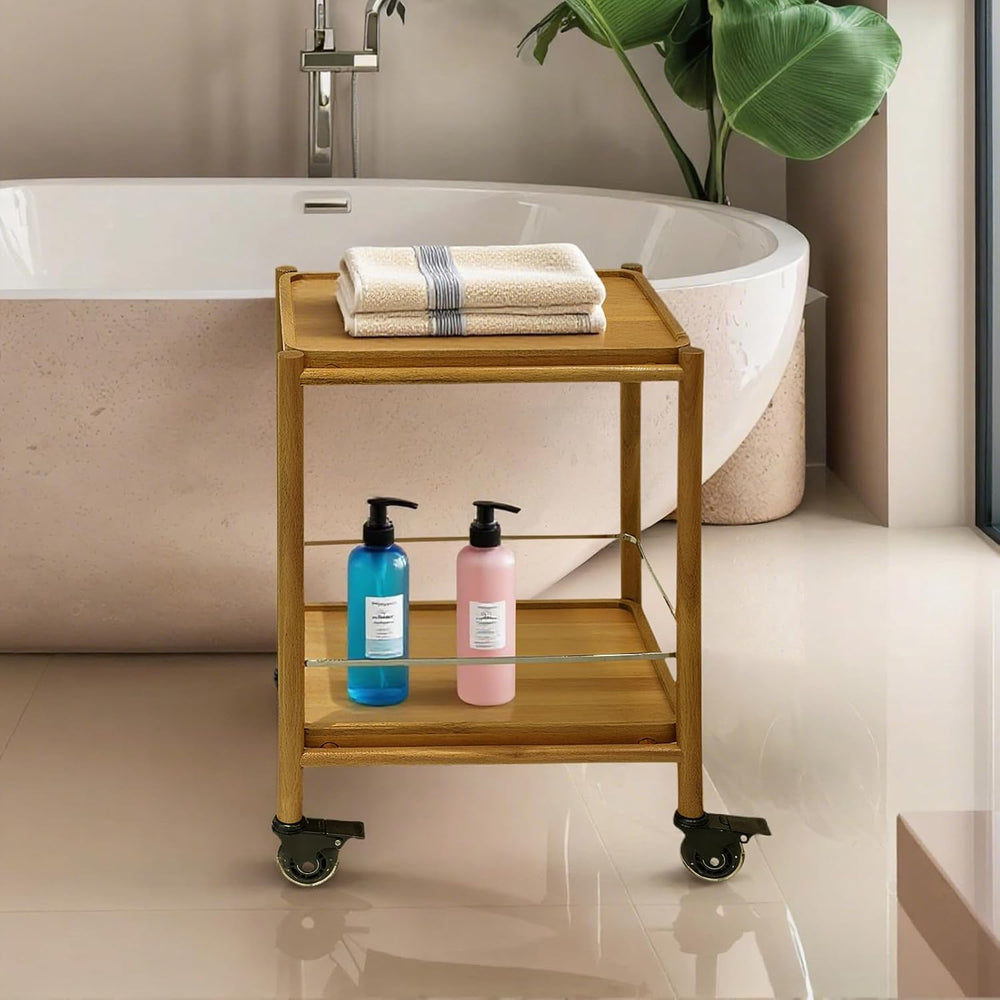 Acacia Wood Rolling Side Table, 2-Tier with Lockable Wheels & Removable T...