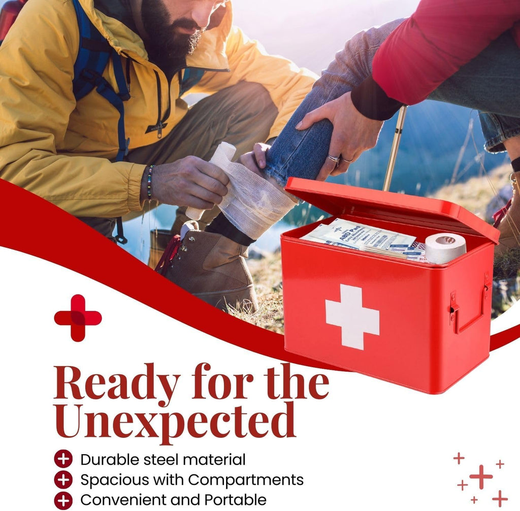 Flexzion First Aid Box Organizer Empty 13" Red Vintage First Aid Kit Tin Metal Medical Box - First Aid Storage Box Container Bins with Dividers, Removable Tray and White Cross Logo