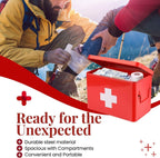 Flexzion First Aid Box Organizer Empty 13" Red Vintage First Aid Kit Tin Metal Medical Box - First Aid Storage Box Container Bins with Dividers, Removable Tray and White Cross Logo