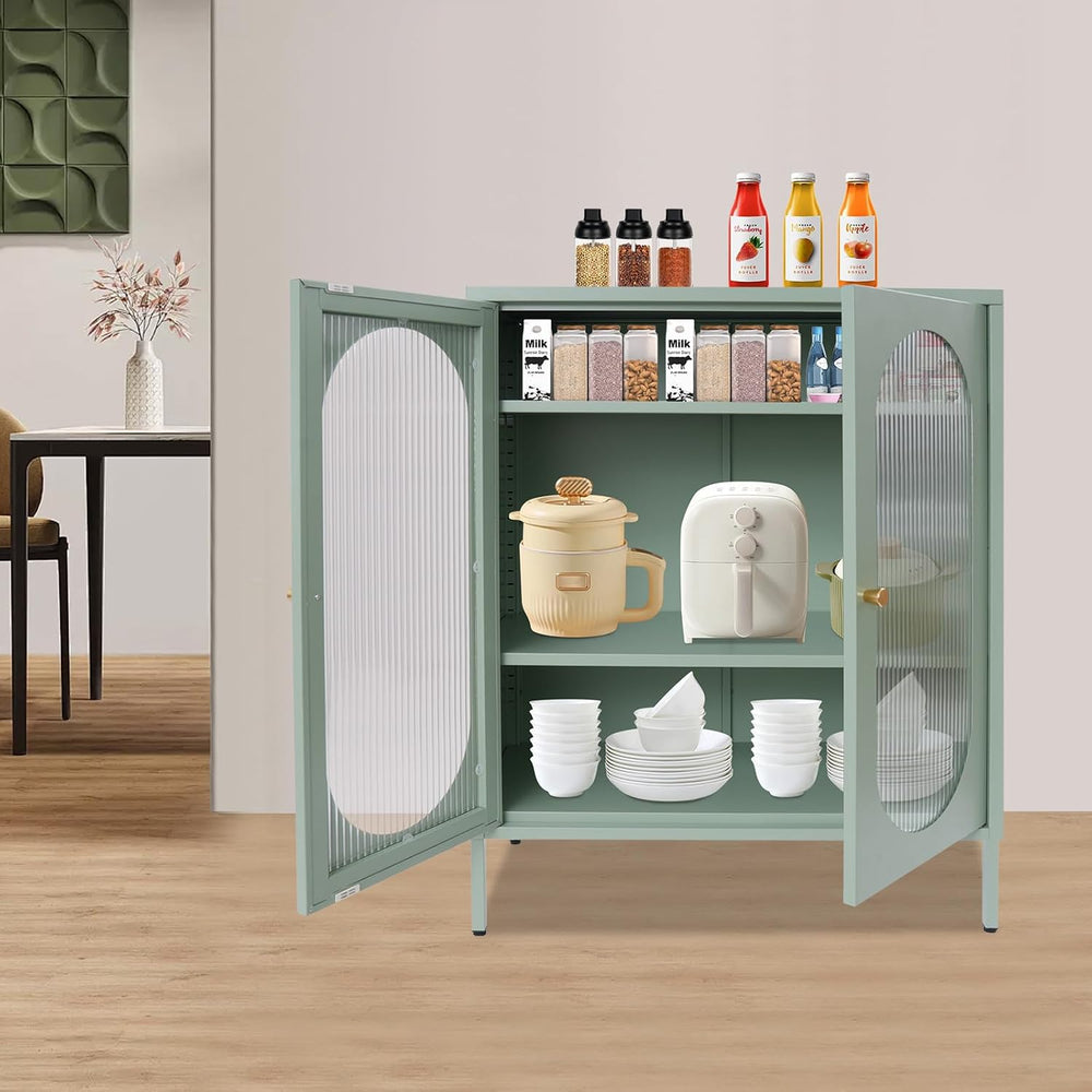 Accent Cabinet with Glass Doors – 3 Tier Storage, Modern Coffee Bar Station P...