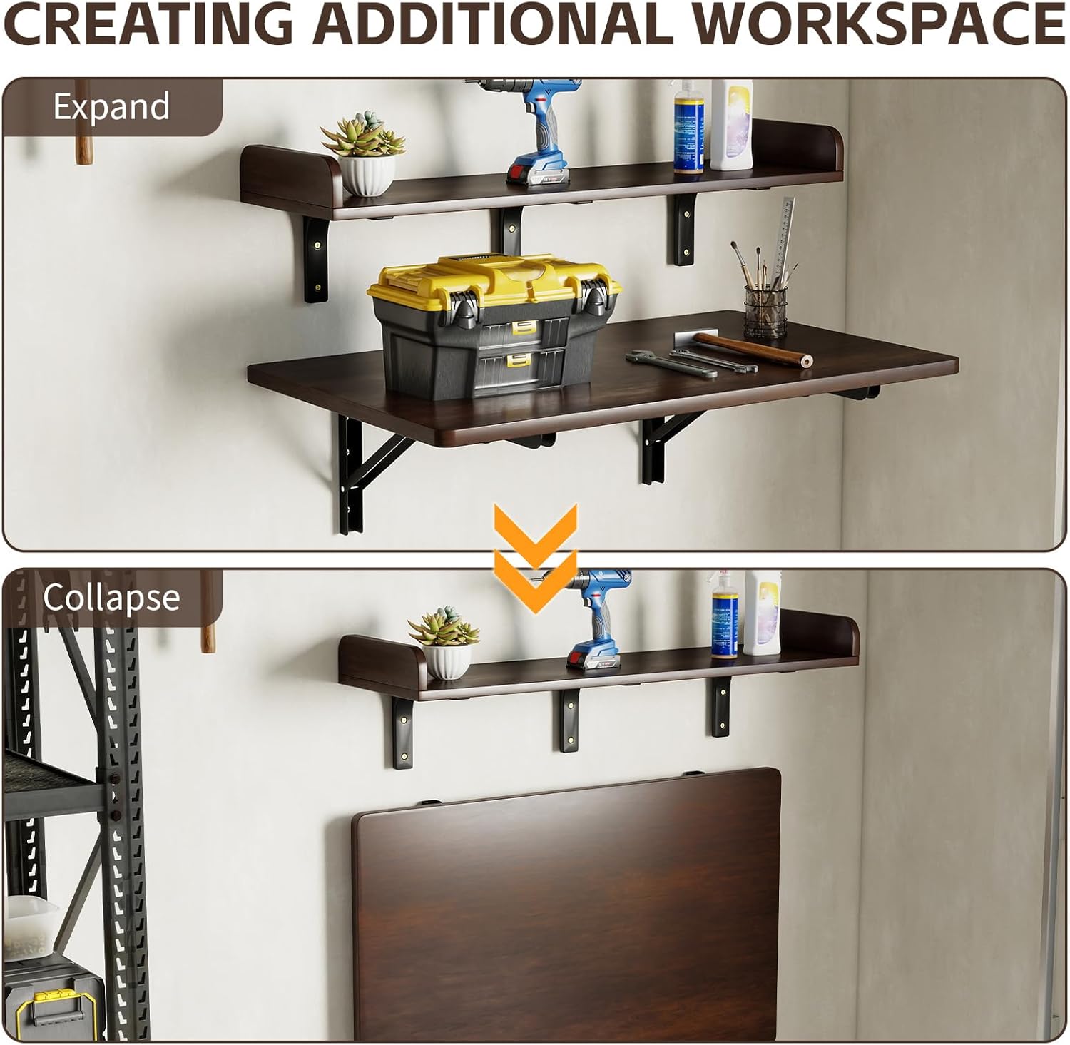 Nisorpa 2 Layers Wall Mounted Folding Table, 32" x 18" Foldable Work Table with Shelf Heavy Duty Fold Down Desk Space Saving Foldable Workbench for Home Office Laundry Kitchen Workshop, Garage