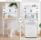 Over The Washer or Over The Toilet Storage Cabinet w/Height Adjustable Shelf Laundry Room/Bathroom Organizer Rack, 2-Door Freestanding Rack Space Saver, White