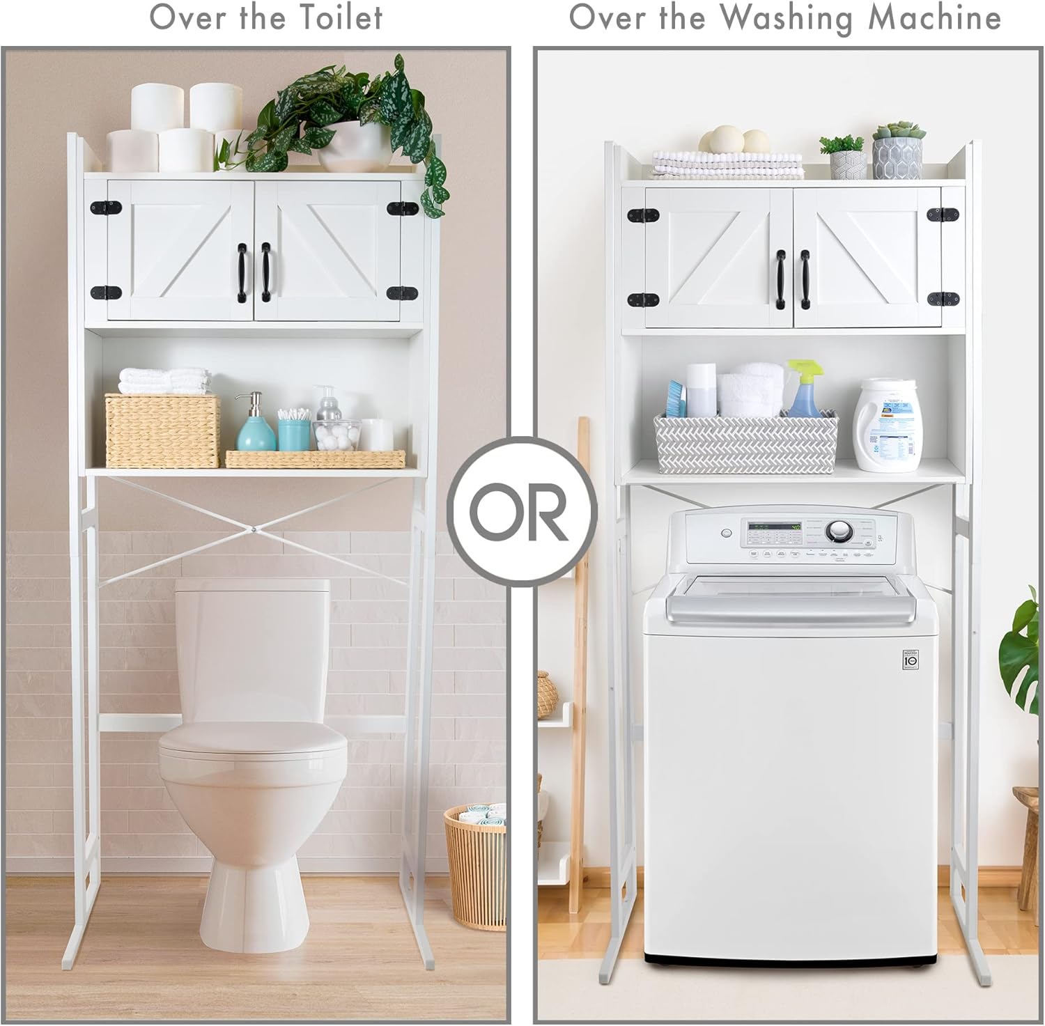 Over The Washer or Over The Toilet Storage Cabinet w/Height Adjustable Shelf Laundry Room/Bathroom Organizer Rack, 2-Door Freestanding Rack Space Saver, White