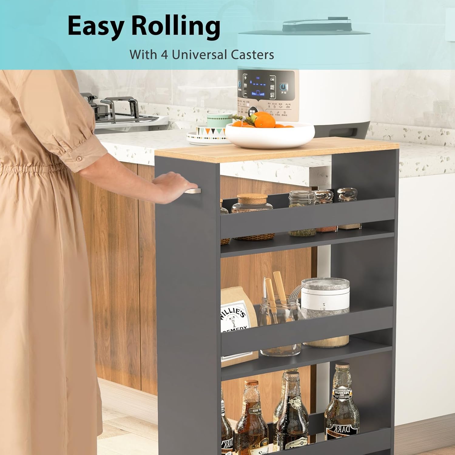 POWERSTONE 4-Tier Slim Storage Cart, Narrow Kitchen Rolling Cart w/Handle & Open Shelves, Skinny Slide Out Utility Organizer Trolley for Kitchen Bathroom Laundry Small Spaces Grey & Natural