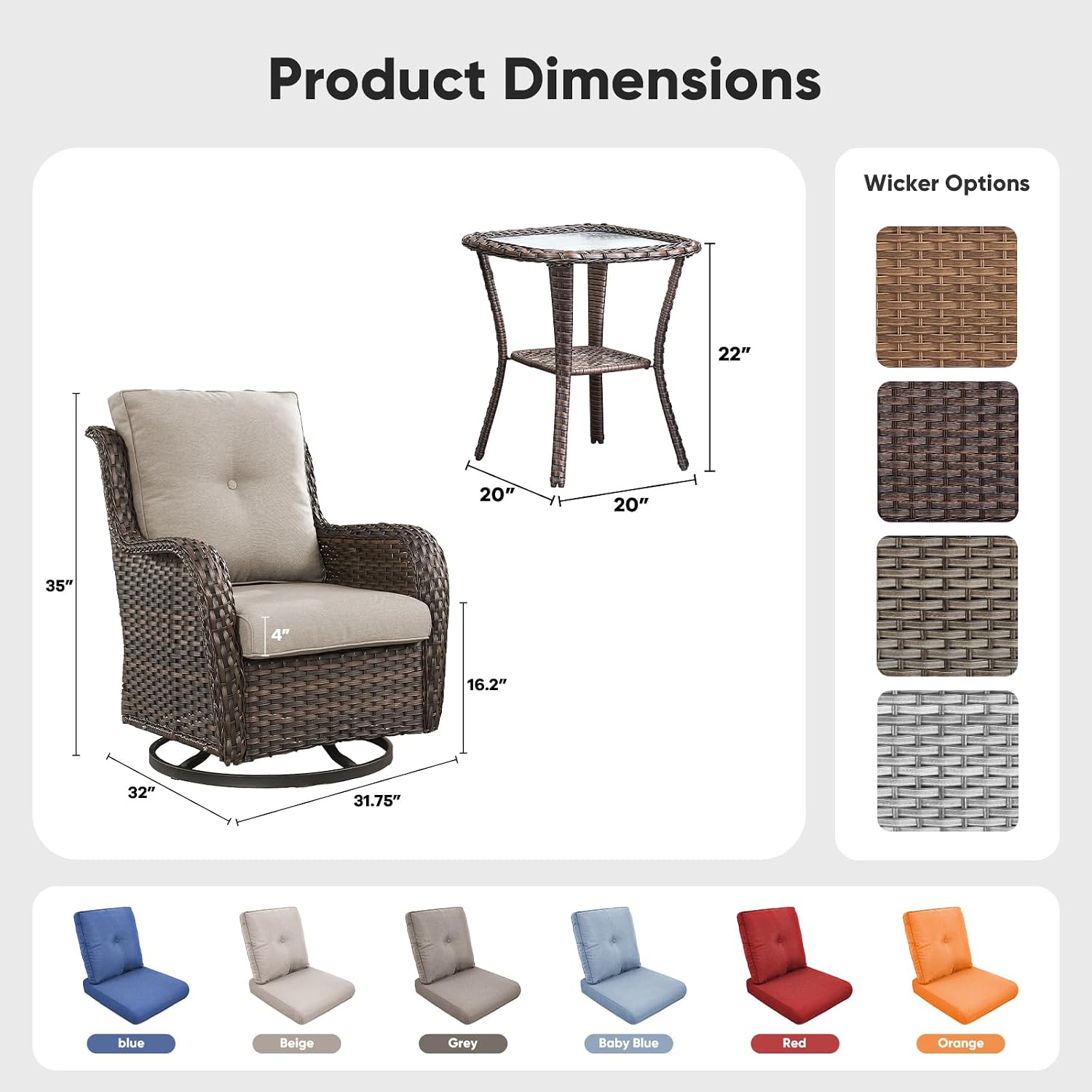 Belord Patio Wicker Chairs Swivel Rocker,Outdoor Patio Furniture Set with Rattan Side Table, All Weather Conversation Set for Porch Poolside Balcony, Brown Wicker/Beige