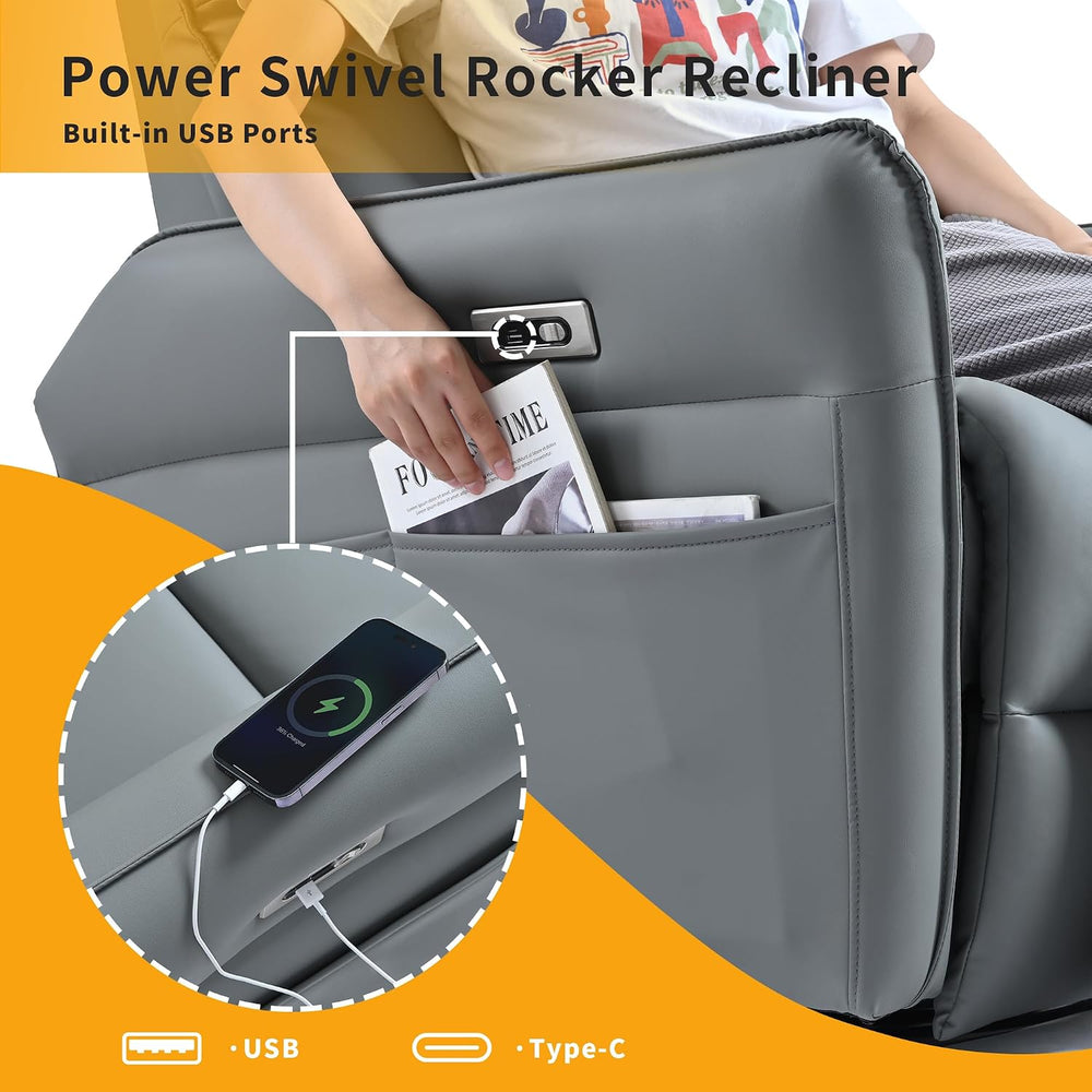 Power Swivel Rocker Recliner Chair with USB Charging Port | PU leather, 270° ...