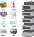 2 Pack Over the Door Hanging Organizer with 5 Large Pocket and Clear Window, Sturdy Over the Door Storage Organizer for Closet, Pantry, Bathroom,Bedroom, Nursery, Dorm (Grey)