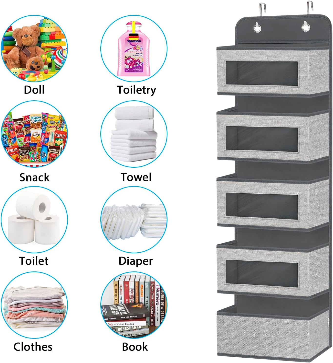 2 Pack Over the Door Hanging Organizer with 5 Large Pocket and Clear Window, Sturdy Over the Door Storage Organizer for Closet, Pantry, Bathroom,Bedroom, Nursery, Dorm (Grey)
