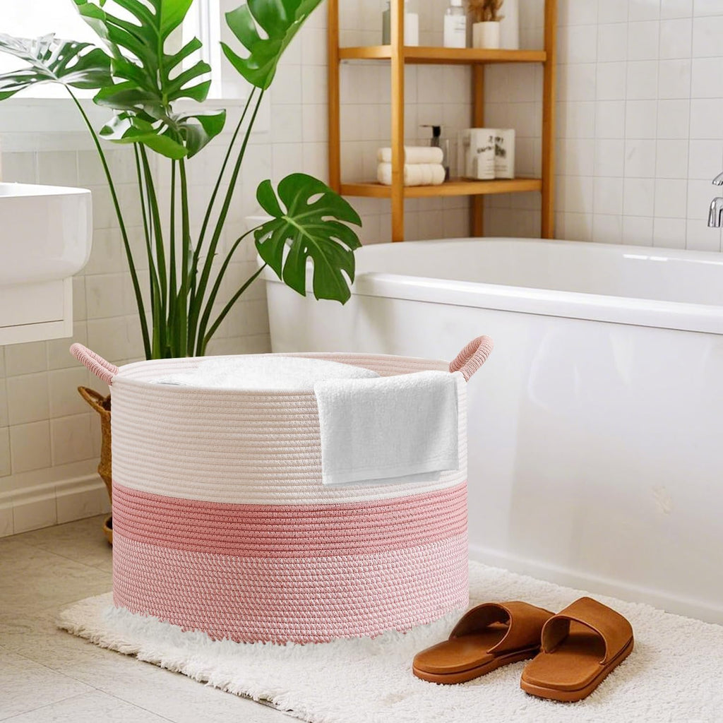 CLHMILY&Z Round Cotton Rope Storage Basket - 22x14.2 Inches - Cute Nursery Bin, Baby Toy Organizer, Pink Organizer for Home Decor, Multi-Purpose Home Tidy Solution