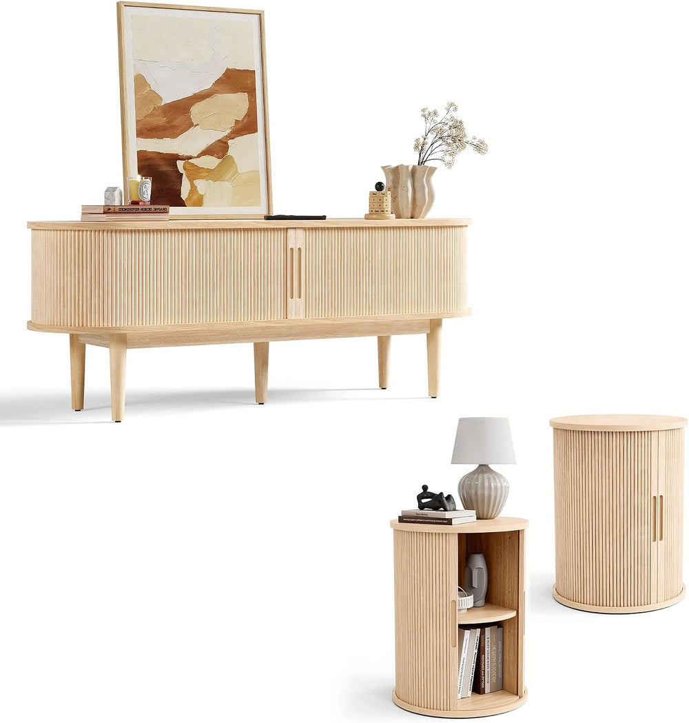 LINSY HOME Fluted Living Room Table Set of 3, Includes Mid Century Modern TV ...