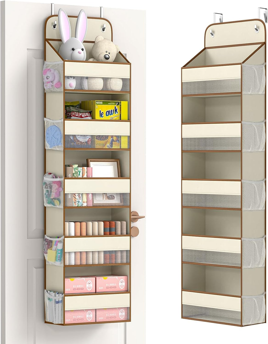 LAMU 5 Tier Over the Door Organizer Hanging, Swing - Proof Closet Behind Door Storage with 5 Large Pocket and 10 Side Pockets, Back of Door Organizers for Bedroom, Nursery and Bathroom (1 Pack, Beige)