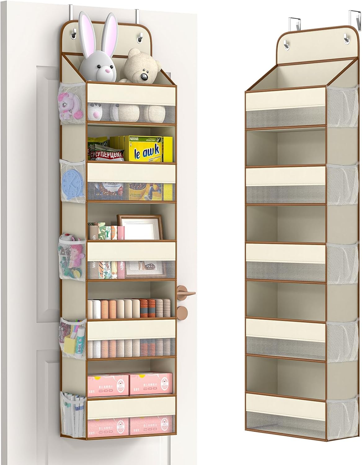 LAMU 5 Tier Over the Door Organizer Hanging, Swing - Proof Closet Behind Door Storage with 5 Large Pocket and 10 Side Pockets, Back of Door Organizers for Bedroom, Nursery and Bathroom (1 Pack, Beige)