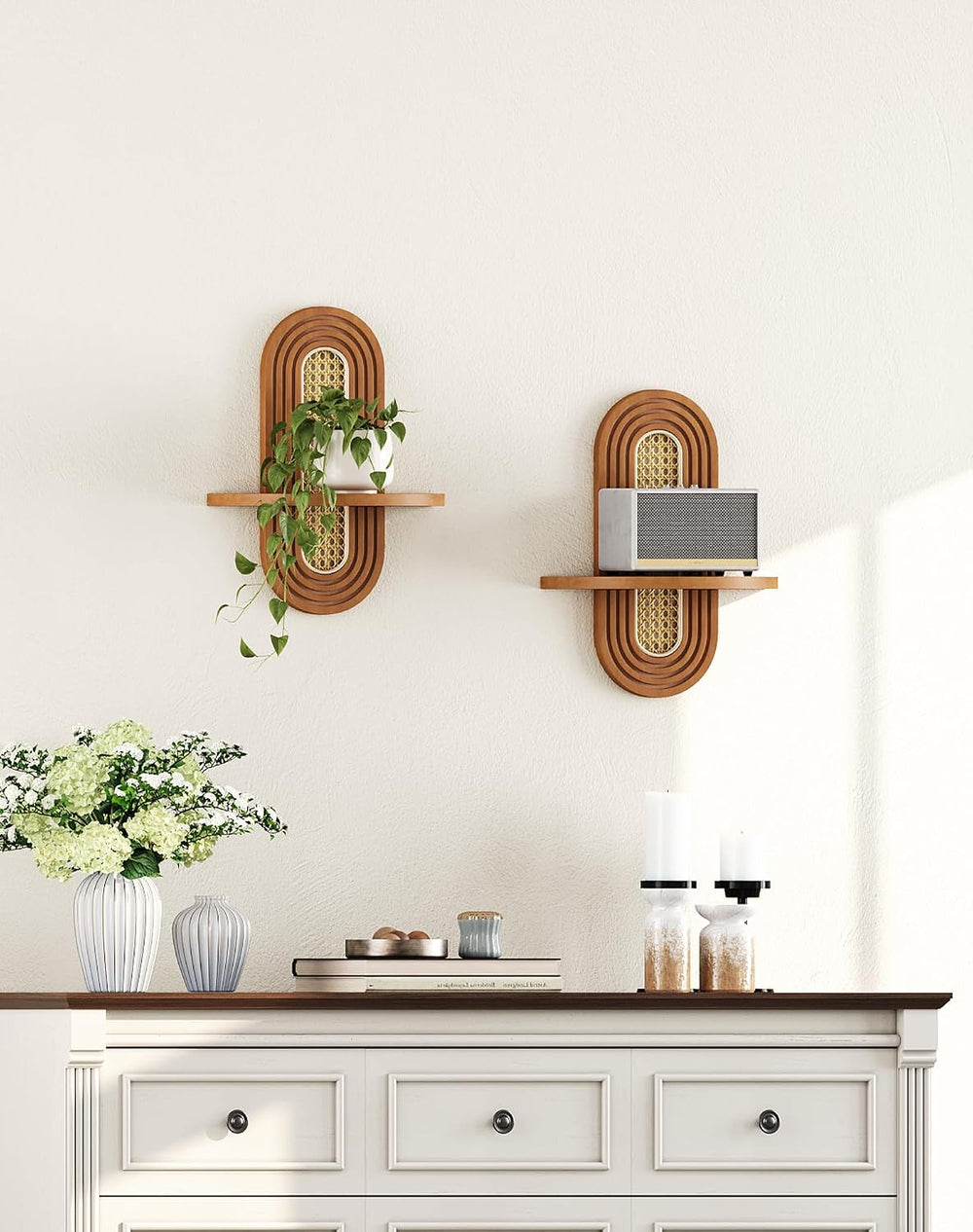 Floating Shelves for Wall, Boho Home Wall Decor,Rattan Plant Shelf Set of 2, ...