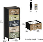 Tohomeor Vintage Dresser Vertical Nightstand with Neutral Botanical Plant Fabric Chest Drawers for Closet Bathroom Storage Tower Unit Bed Side Organizer Farmhouse Rustic (Multi, 5 Drawers)