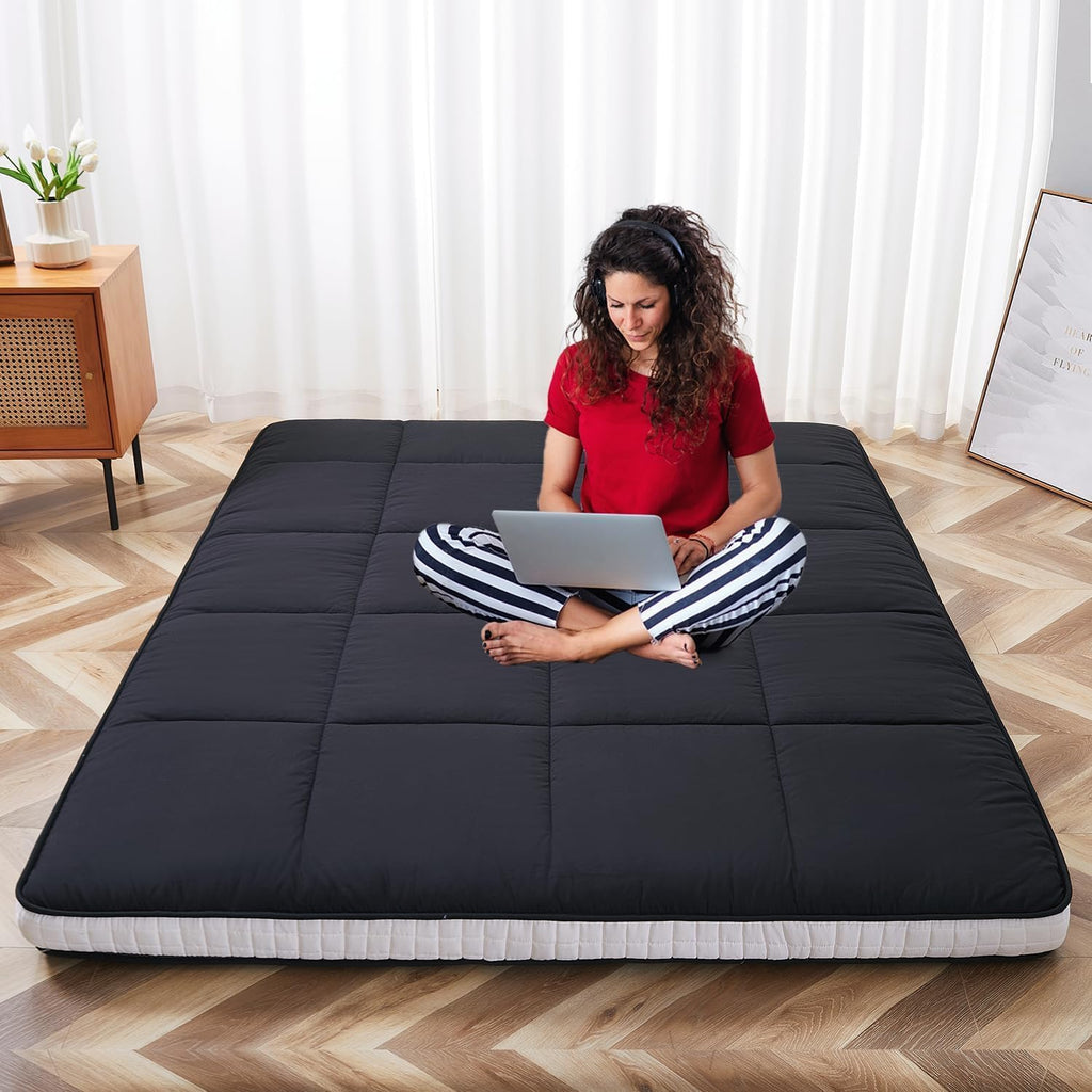 Full Size Futon Mattress - Fleece Foldable Japanese Floor Mattress - Super Soft Fuzzy Sleeping Pad for Adults - Tatami Mat Suitable for Camping & Guest & RV Mattress- Black (Full:80"L x 54"W x 4"Th)